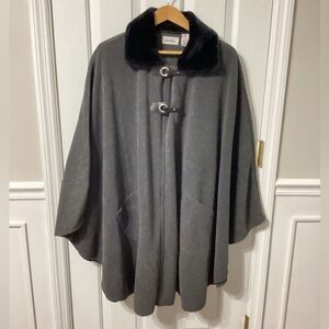 LeModa Poncho Shawl Grey W/black Faux Fur Collar One Size Womens
